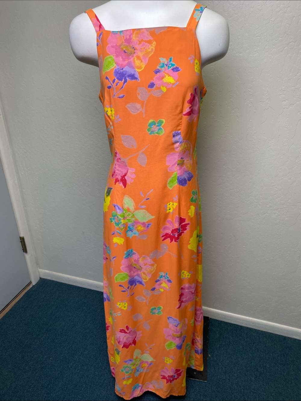 Be Smart Orange Multicolor Floral A-Line Long Dress 7/8 Square Neck Sleeveless